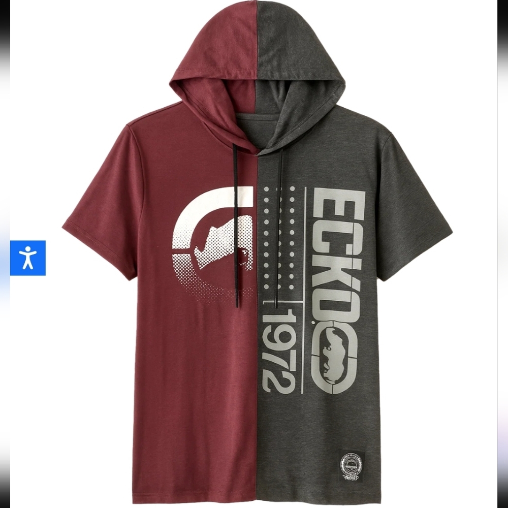 Ecko Unltd Men's Short Sleeve Hoodie T-shirt Sz Medium Burgundy Charcoal Heather